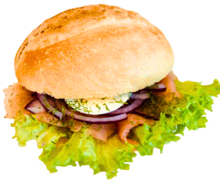 Zu sehen ist ein Lachs-Brötchen belegt mit Salat, Zwiebel, Lachs und verfeinert mit frischen Kräutern.